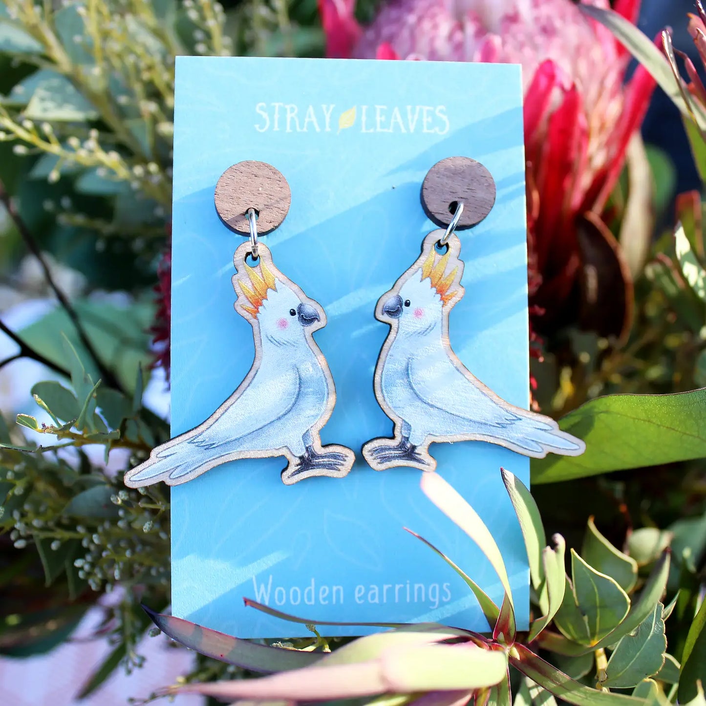 Stray Leaves - Cockatoo Australian Bird wooden earrings