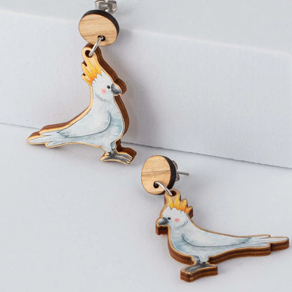 Stray Leaves - Cockatoo Australian Bird wooden earrings