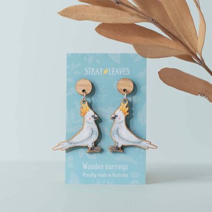 Stray Leaves - Cockatoo Australian Bird wooden earrings